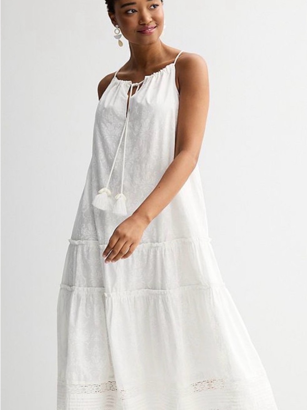 White Tiered Maxi Sundress with Tassel Tie Farmer’s Market L Large NWT